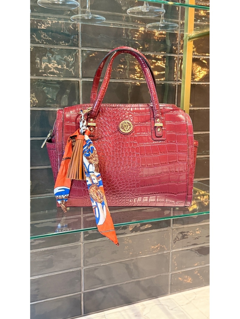 Tiana Gabrielle Burgundy Croc Embossed Satchel Handbag with Scarf Charm